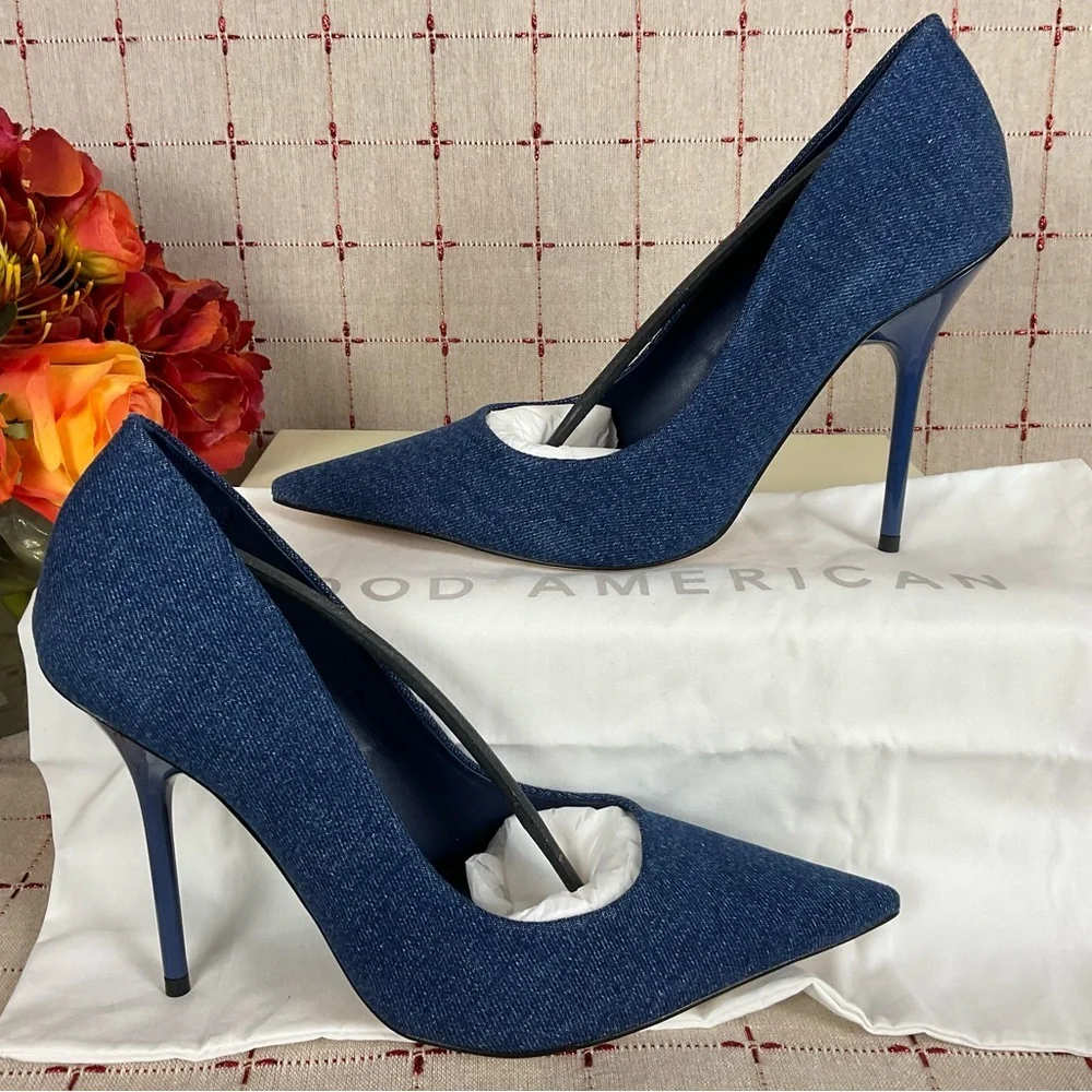 GOOD AMERICAN “Emma” Denim Heel Ultra High Blue Denim Stilettos Sz 9.5 New - Picture 7 of 7